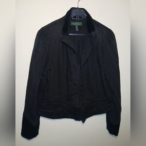 Lauren Ralph Laruen Denim Blazer, Velvet Trim Black Military Style Jacket Large